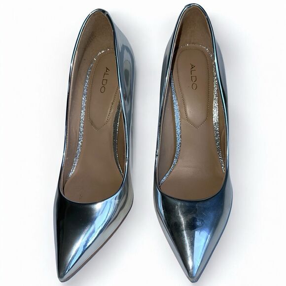 Aldo Metallic Silver Pointed Toe Pump Heel Size 8 Shiny Monochromatic Stiletto - Picture 4 of 13